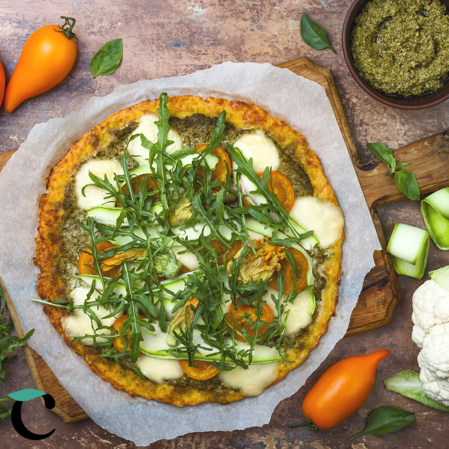 Caulito Vegetarischer Blumenkohlpizzaboden, belegt mit Basilikum, Zucchini und Käse. Blumenkohlpizza auf einem rustikalen Hintergrund präsentiert.
