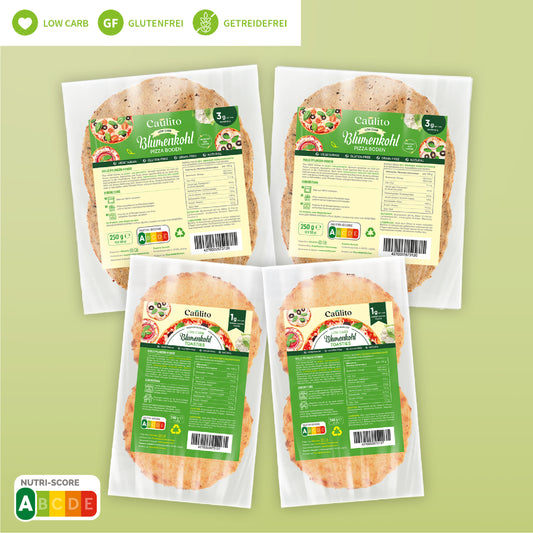 Caulito's Variety Pack Angebot, Kombination aus Low Carb Blumenkohlpizza und Toasties. Vegane und vegetarische Kombipackungen, 4 Packungen, 1000g. Caulito Pizza und Toasties verpackt in industriell kompostierbaren Verpackungen.