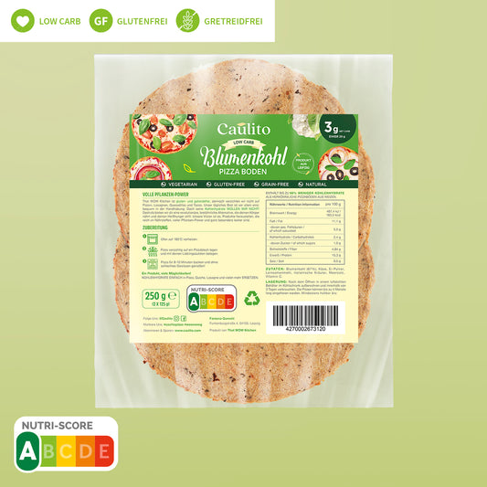 Päckchen Caulito Low-Carb Blumenkohl Vegetarische Pizza, kommt in einem 2er-Pack, 250g. 98% weniger Kohlenhydrate als normale Pizza, gluten- und getreidefrei. Verpackt in industriell kompostierbaren Verpackungen.