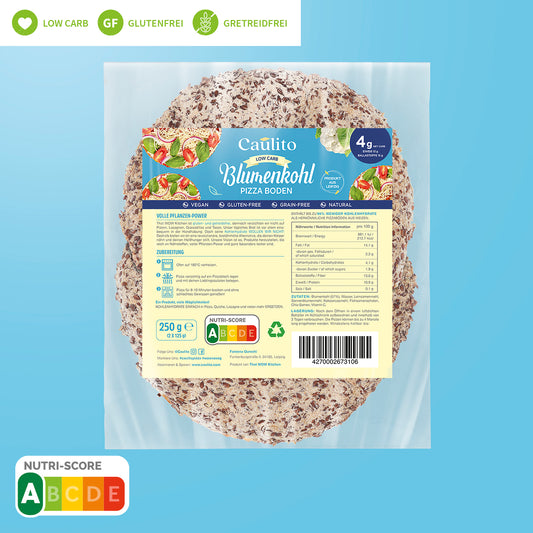 Caulito low-carb veganer Pizzaboden im 2er-Pack, verpackt in industriell kompostierbaren Beuteln.