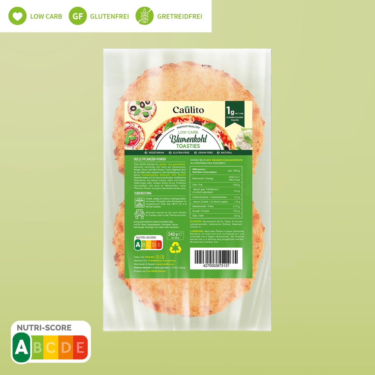 Eine Packung Caulito vegetarische Blumenkohl-Toasties, 98% weniger Kohlenhydrate, 1g Netto-Kohlenhydrate pro Toastie und natürlich gluten- und getreidefrei und ketofreundlich. Jede Packung enthält 6 Stück und wiegt 250 g.