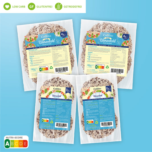 Caulito's Variety Pack Angebot, Kombination aus Low Carb Blumenkohlpizza und Toasties. Vegane und vegetarische Kombipackungen, 4 Packungen, 1000g. Caulito Pizza und Toasties verpackt in industriell kompostierbaren Verpackungen.